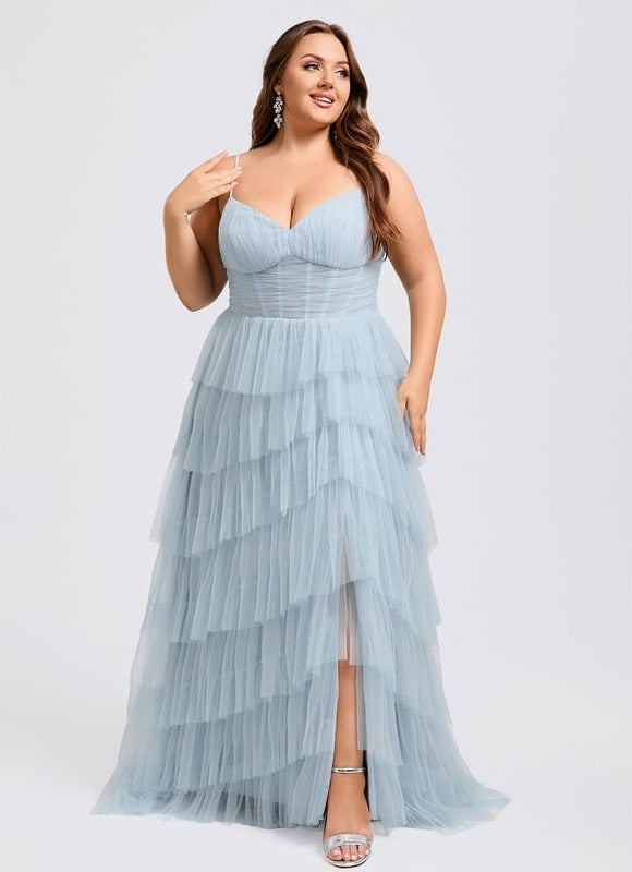 Princesse col v traîne balayage tulle robe de bal - gallery 9