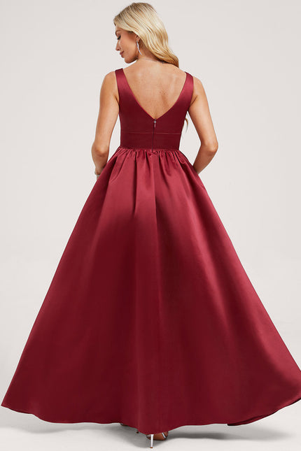 Trapèze col v longueur ras du sol satin robe de demoiselle d'honneur - gallery 4