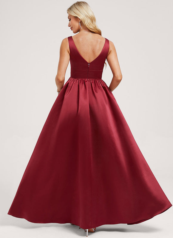 Trapèze col v longueur ras du sol satin robe de demoiselle d'honneur - gallery 4