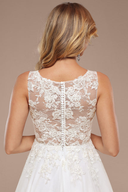 Trapèze col bateau longueur genou tulle dentelle robe de mariée avec paillettes - gallery 2