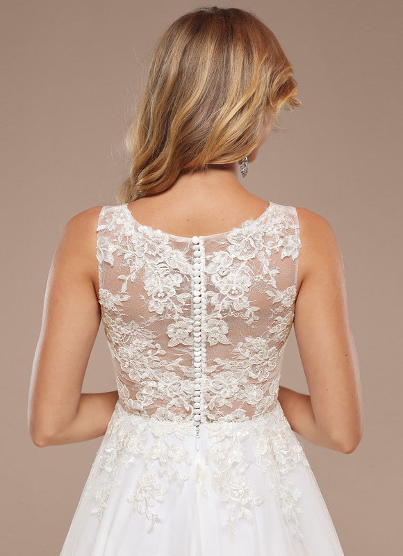 Trapèze col bateau longueur genou tulle dentelle robe de mariée avec paillettes - gallery 2