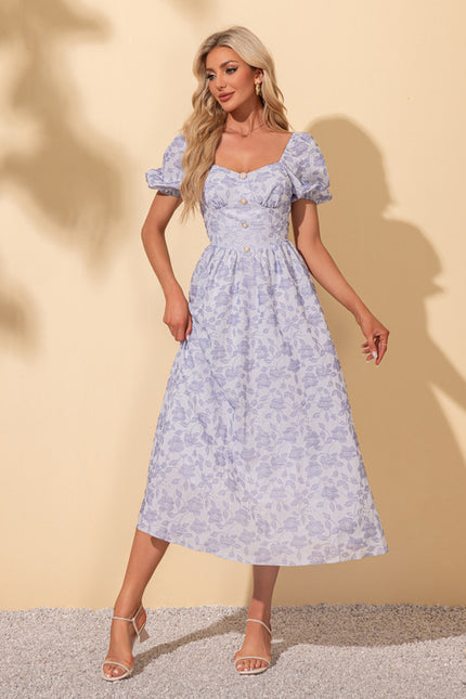 Robe imprimé fleur col cœur trapèze polyester midi - gallery 1