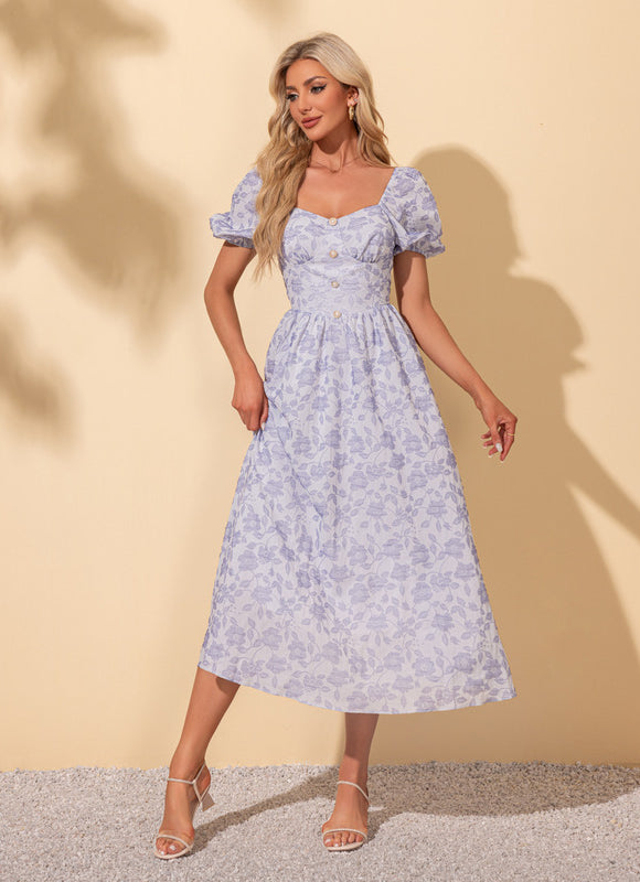 Robe imprimé fleur col cœur trapèze polyester midi - gallery 1