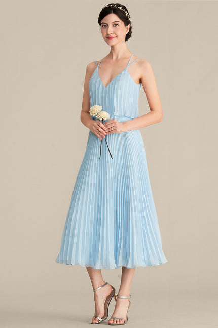 Trapèze col v longueur mollet mousseline robe de demoiselle d'honneur avec plissée - gallery 3