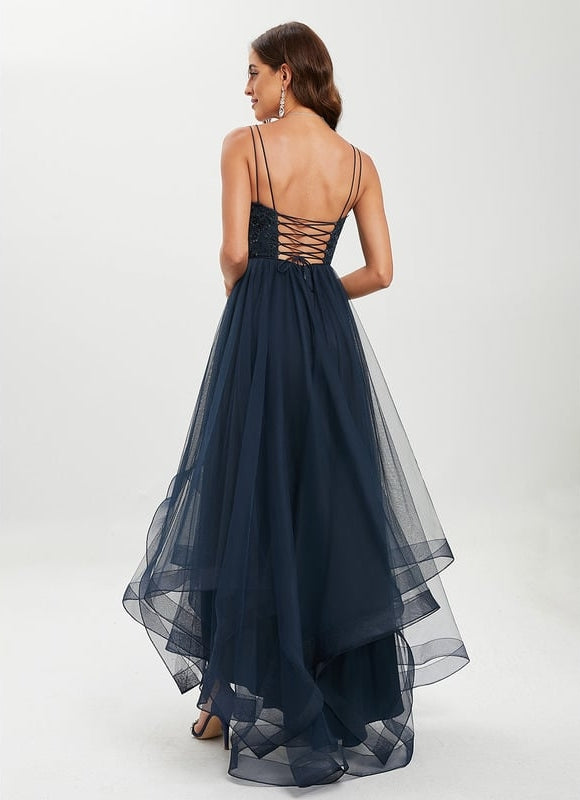 Princesse col rond asymétrique dentelle robe de bal avec paillettes - gallery 1