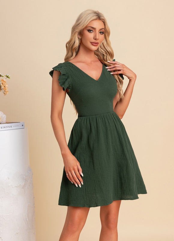 Robe nœud col v trapèze mélanges de coton mini - gallery 4