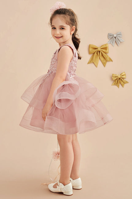 Trapèze col v longueur genou dentelle/tulle robes fille mariage avec perles/paillettes/motif floral 3d - gallery 5