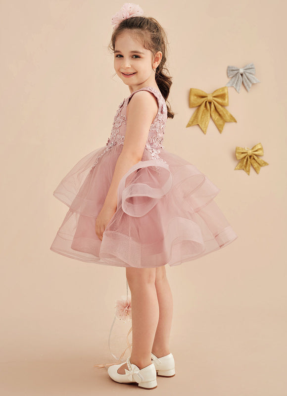 Trapèze col v longueur genou dentelle/tulle robes fille mariage avec perles/paillettes/motif floral 3d - gallery 5