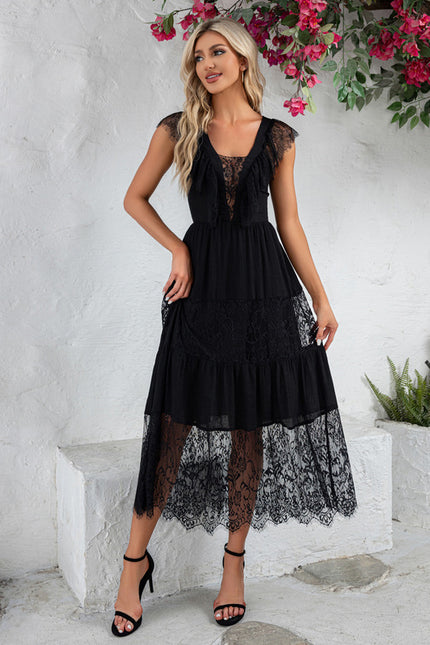 Robe à volants jacquard col v illusion trapèze dentelle polyester midi - gallery 5