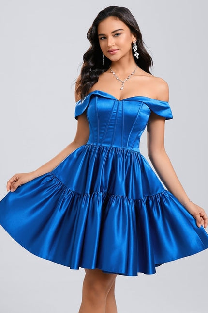 Princesse épaule dénudée court satin robe de bal de promo - gallery 3
