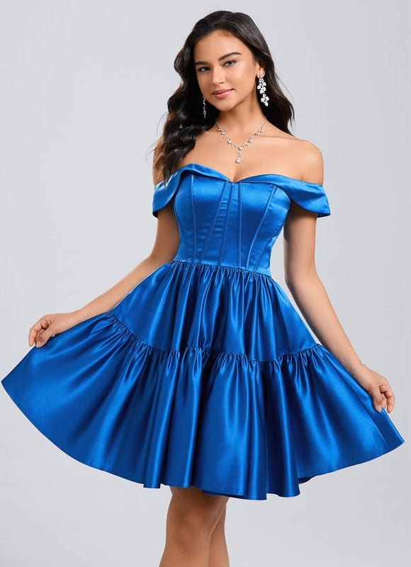 Princesse épaule dénudée court satin robe de bal de promo - gallery 3