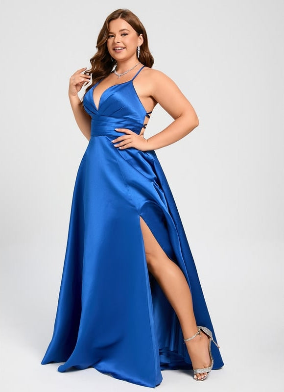 Trapèze col v longueur ras du sol satin robe de bal avec plissée - gallery 7