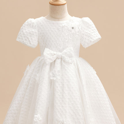 Trapèze col rond longueur genou satin robes fille mariage avec perles/motif floral 3d/nœud