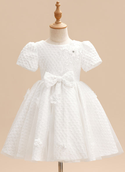 Trapèze col rond longueur genou satin robes fille mariage avec perles/motif floral 3d/nœud