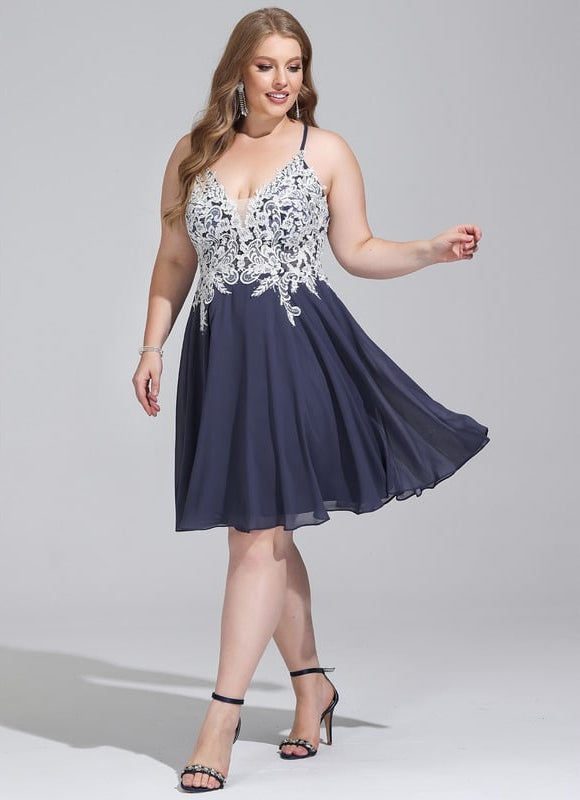 Trapèze col v court mousseline robe de bal de promo avec paillettes perles - gallery 5