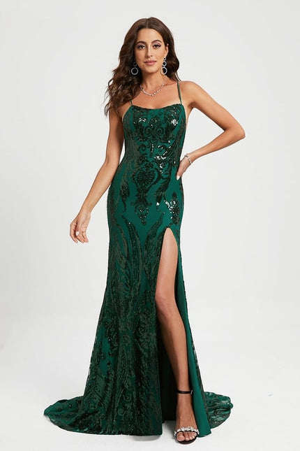 Sirène col rond traîne balayage paillette robe de bal avec paillettes
