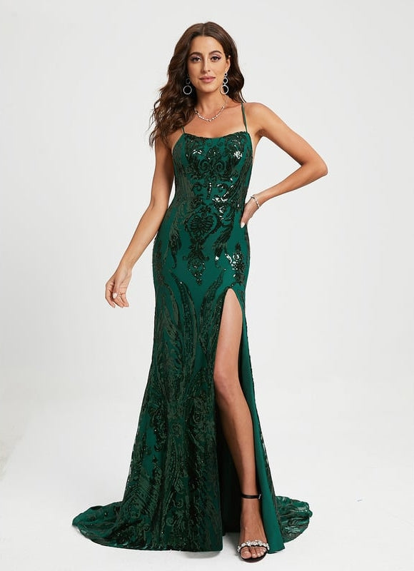 Sirène col rond traîne balayage paillette robe de bal avec paillettes