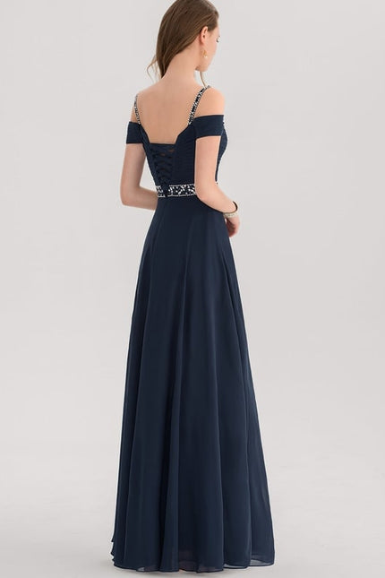 Trapèze col v décolleté épaules longueur ras du sol mousseline robe de bal avec plissée paillettes perles - gallery 2