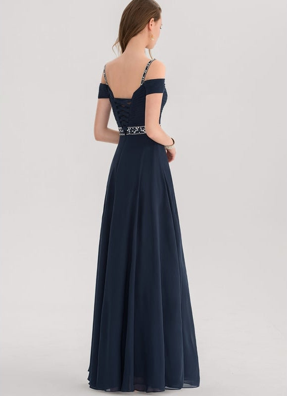 Trapèze col v décolleté épaules longueur ras du sol mousseline robe de soirée avec plissée paillettes perles - gallery 5