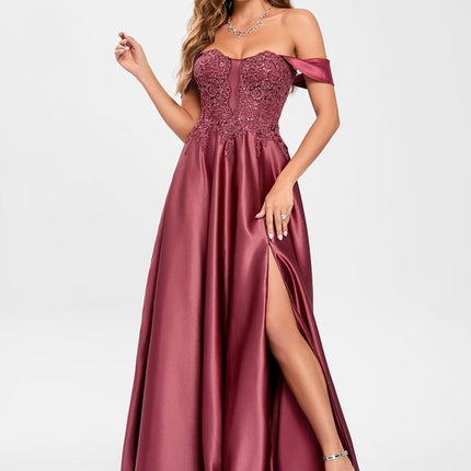 Trapèze épaule dénudée longueur ras du sol satin dentelle robe de bal avec paillettes