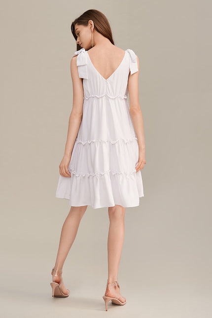 Robe nœud col v trapèze mélanges de coton mini - gallery 3