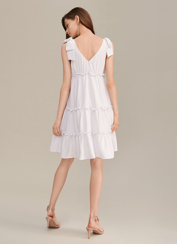 Robe nœud col v trapèze mélanges de coton mini - gallery 3