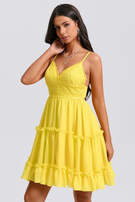 Trapèze col v court mousseline robe de bal de promo avec à volants paillettes - gallery 4