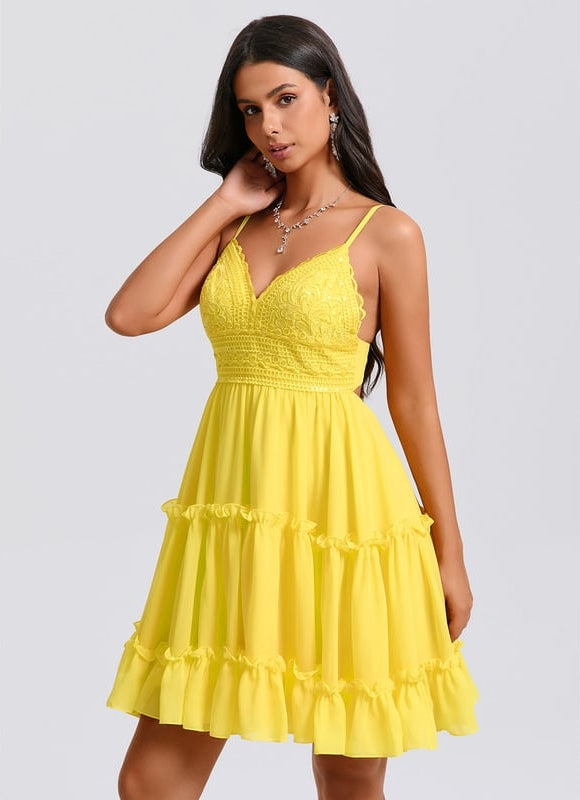 Trapèze col v court mousseline robe de bal de promo avec à volants paillettes - gallery 4