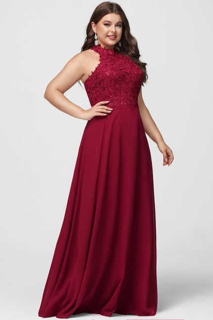 Trapèze licou longueur ras du sol dentelle mousseline robe de bal avec paillettes - gallery 8