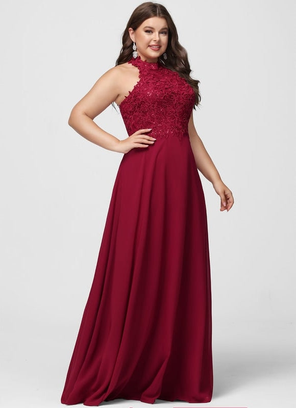 Trapèze licou longueur ras du sol dentelle mousseline robe de bal avec paillettes - gallery 8