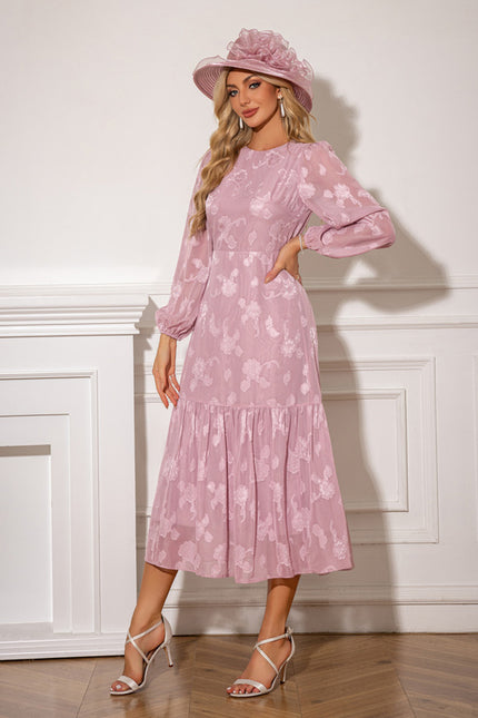 Robe à volants jacquard col rond trapèze mousseline midi - gallery 3