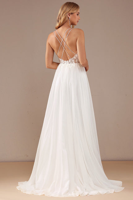 Trapèze col v traîne balayage mousseline dentelle robe de mariée avec perles paillettes - gallery 2