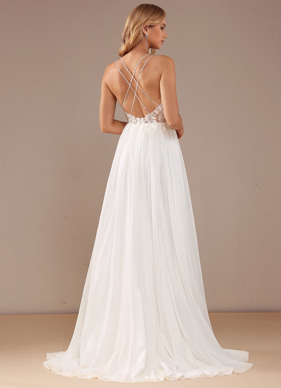 Trapèze col v traîne balayage mousseline dentelle robe de mariée avec perles paillettes - gallery 2