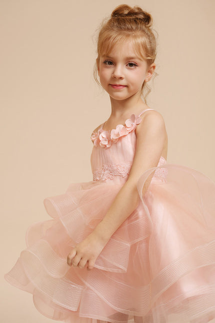 Princesse col rond longueur genou tulle robes fille mariage avec motif floral 3d - gallery 9