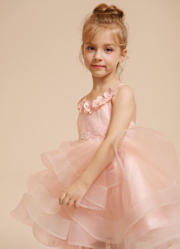Princesse col rond longueur genou tulle robes fille mariage avec motif floral 3d - gallery 9