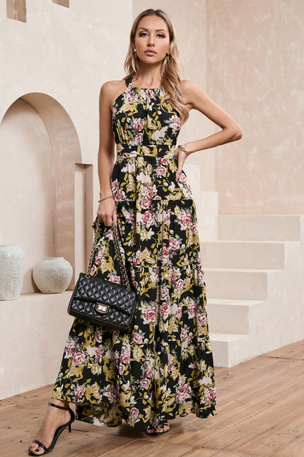 Robe imprimé fleur licou trapèze polyester maxi - gallery 4