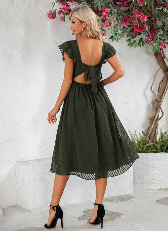 Robe à volants jacquard col v trapèze mousseline jacquard midi - gallery 1