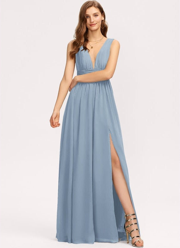 Trapèze col v longueur ras du sol mousseline robe de bal avec plissée