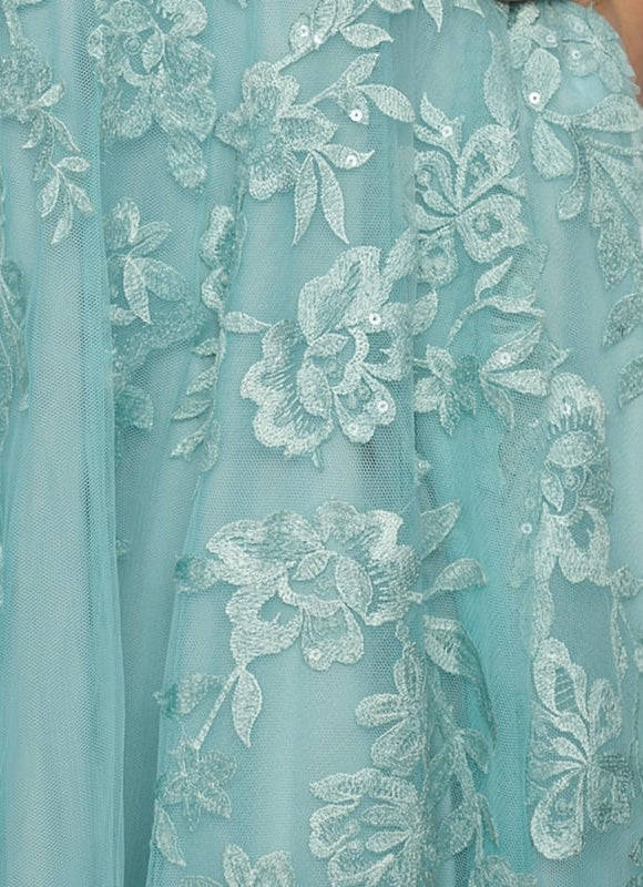 Princesse col droit longueur ras du sol tulle robe de bal avec paillettes appliques de dentelle - gallery 6