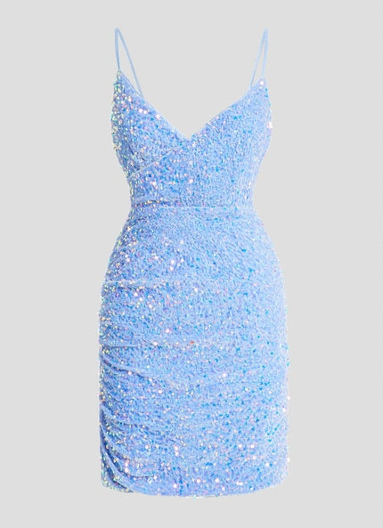 Fourreau col v mini paillette robe de bal de promo avec paillettes