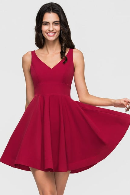 Trapèze col v court crêpe extensible robe de bal de promo - gallery 3