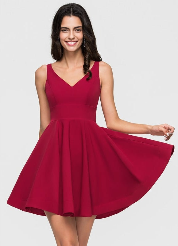 Trapèze col v court crêpe extensible robe de bal de promo - gallery 3