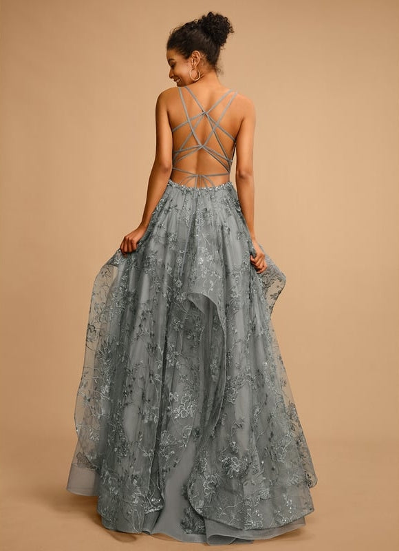 Princesse col v longueur ras du sol tulle dentelle robe de bal - gallery 6