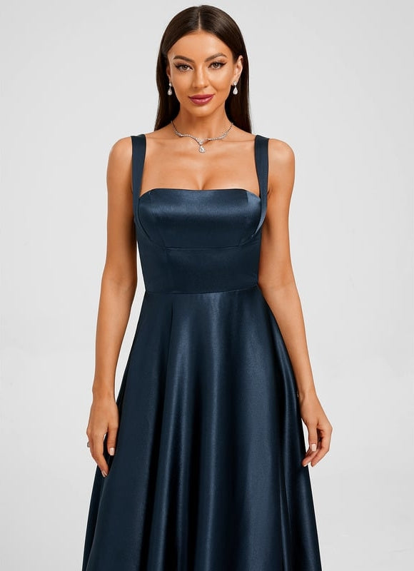 Trapèze col droit longueur ras du sol satin extensible robe de bal avec nœud - gallery 2