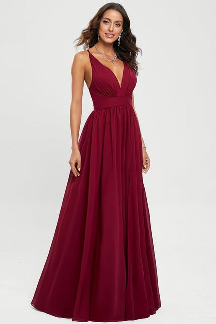 Trapèze col v longueur ras du sol mousseline robe de bal - gallery 1