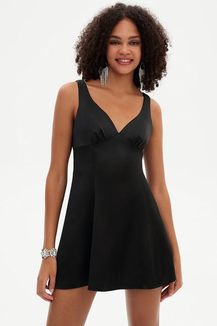 Trapèze col v mini satin de soie robe de bal de promo avec nœud - gallery 6