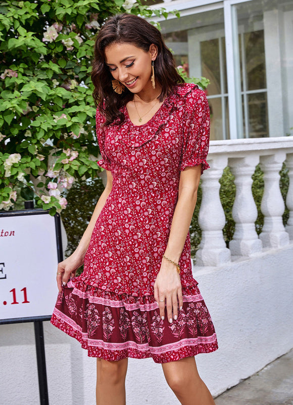 Robe imprimé fleur col rond trapèze rayonne mini