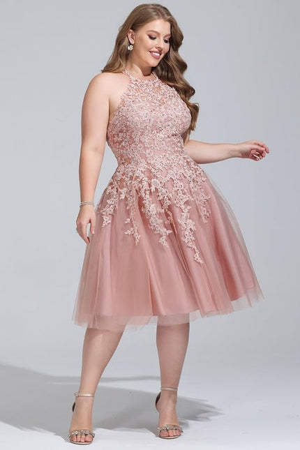 Trapèze col rond longueur genou tulle dentelle robe de bal de promo - gallery 7