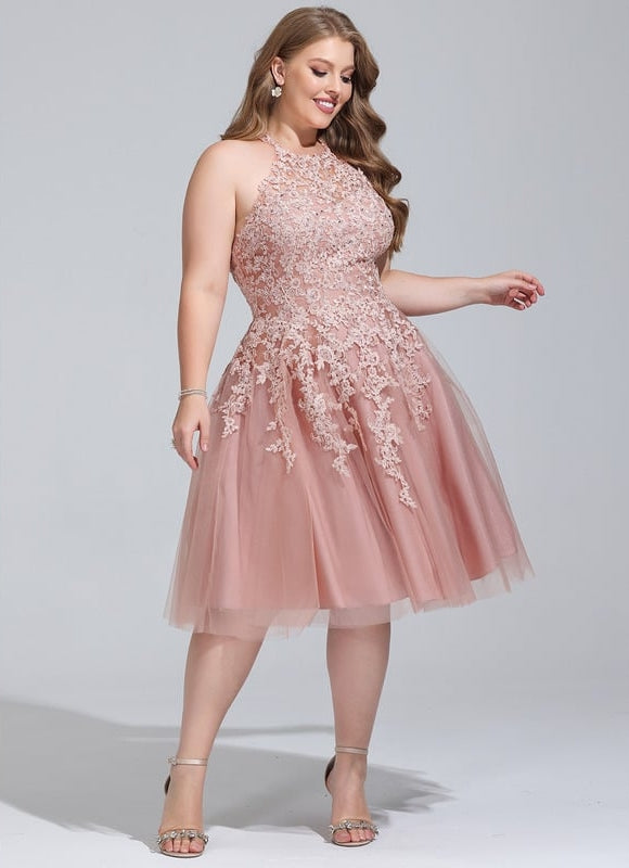 Trapèze col rond longueur genou tulle dentelle robe de bal de promo - gallery 7