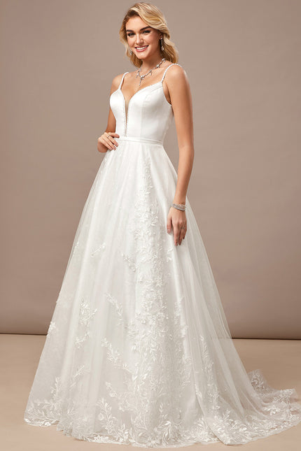 Trapèze col v traîne balayage dentelle tulle robe de mariée avec perles paillettes - gallery 1